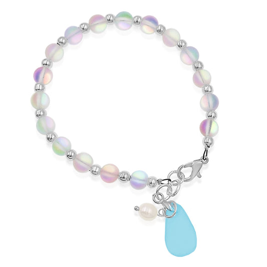 BESHEEK Silvertone, Clear, Blue Seaglass and Freshwater Pearl Beaded Bracelet| Handmade Hypoallergenic Boho Beach Gala Wedding Style Jewelry