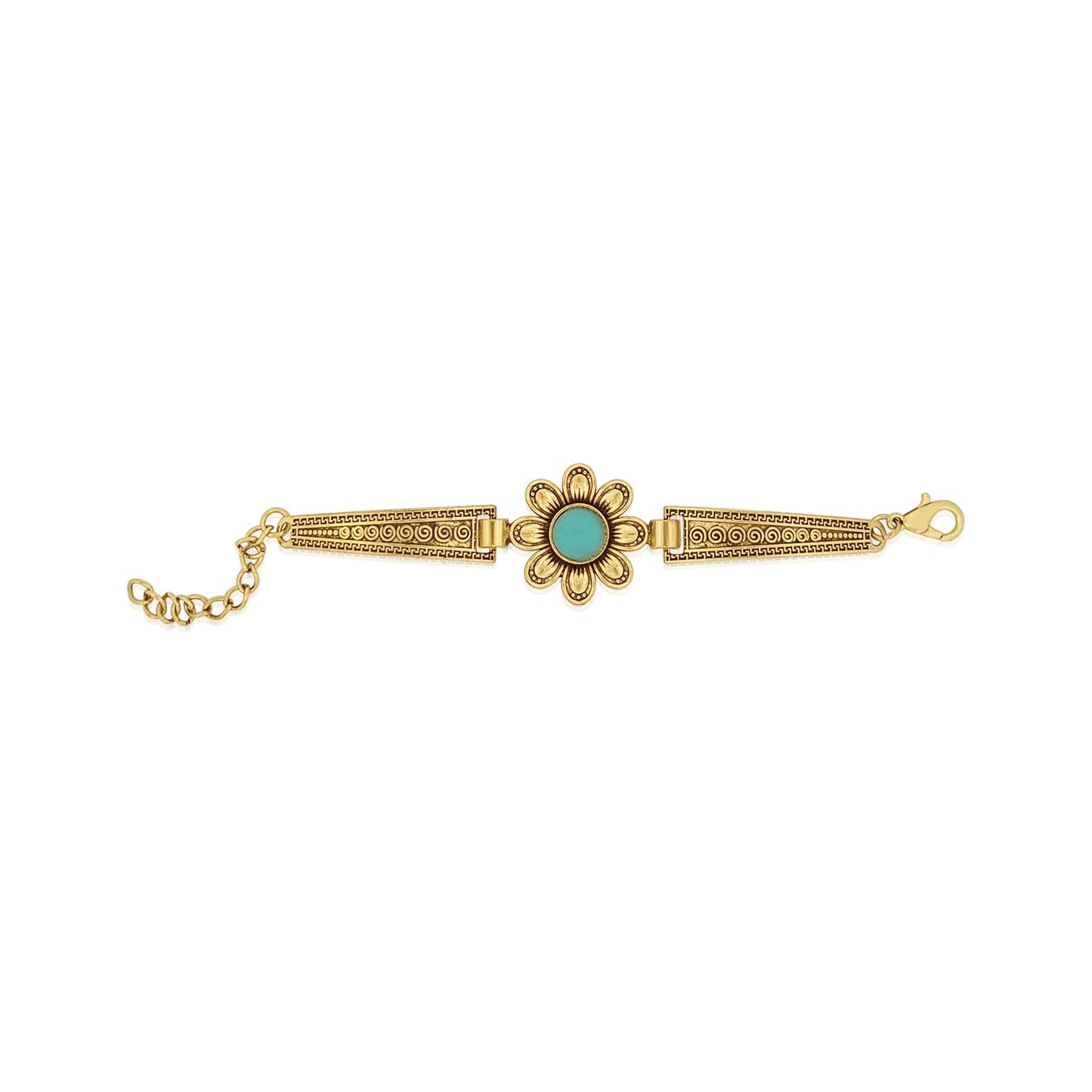 BESHEEK Antique Goldtone Tibetan Turquoise Flower Bracelet| Handmade Hypoallergenic Boho Beach Gala Wedding Style Jewelry