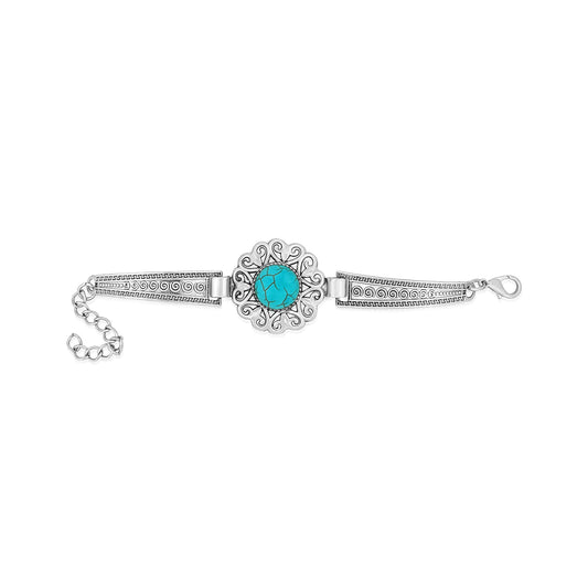 BESHEEK Antique Silvertone Tibetan Turquoise Flower Bracelet| Handmade Hypoallergenic Boho Beach Gala Wedding Style Jewelry