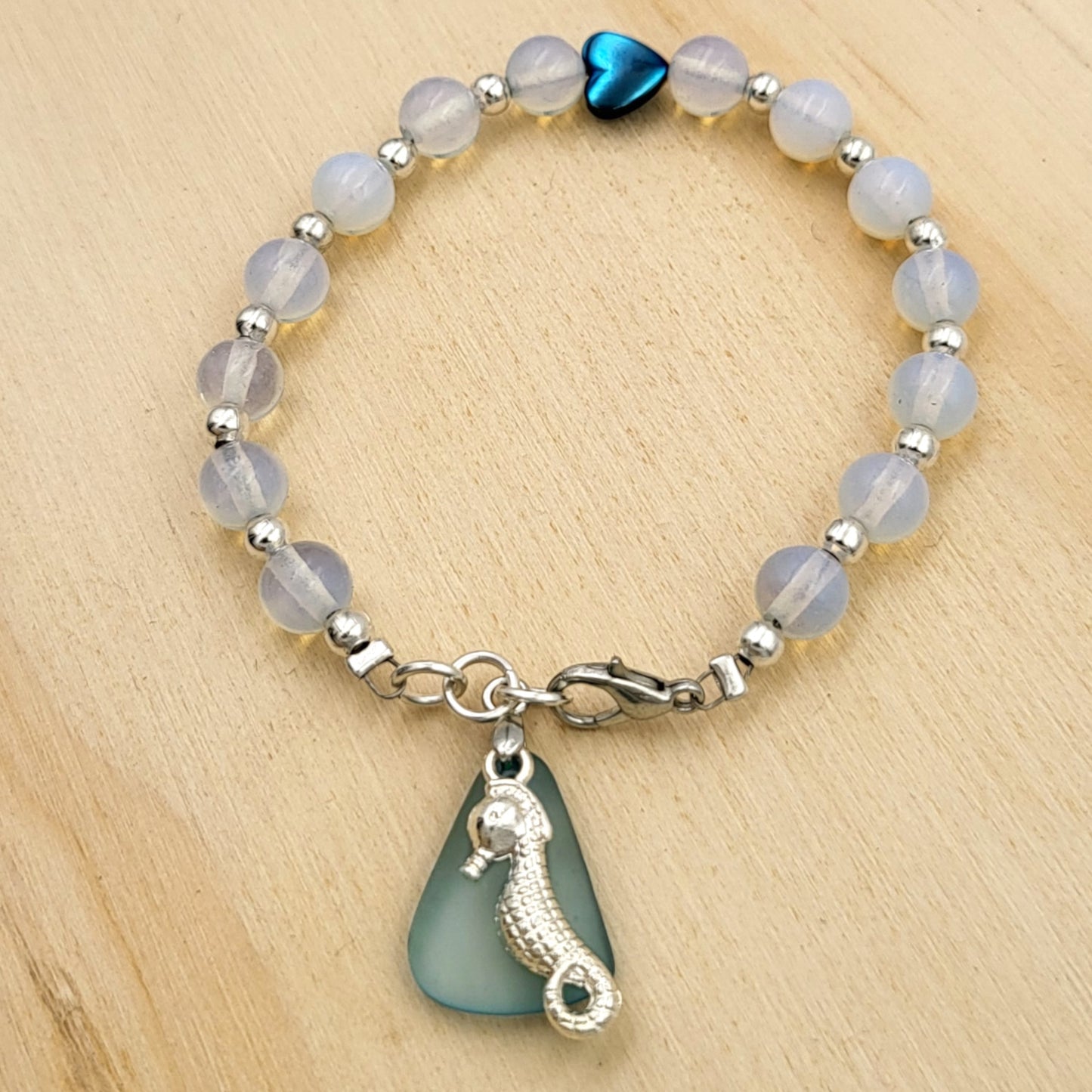 BESHEEK Moonstone Opalite, Seaglass and Seahorse Bracelet.| Handmade Hypoallergenic Boho Beach Gala Wedding Style Jewelry