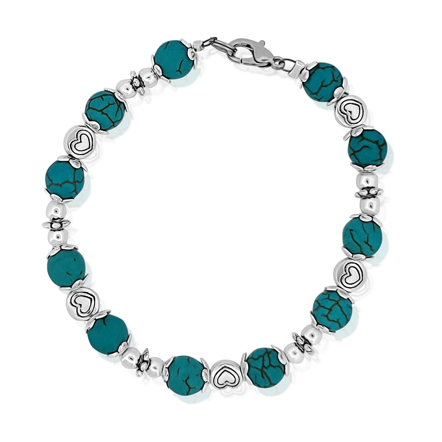 BESHEEK Silvertone Tibetan Turquoise and Hearts Bracelet.| Handmade Hypoallergenic Boho Beach Gala Wedding Style Jewelry