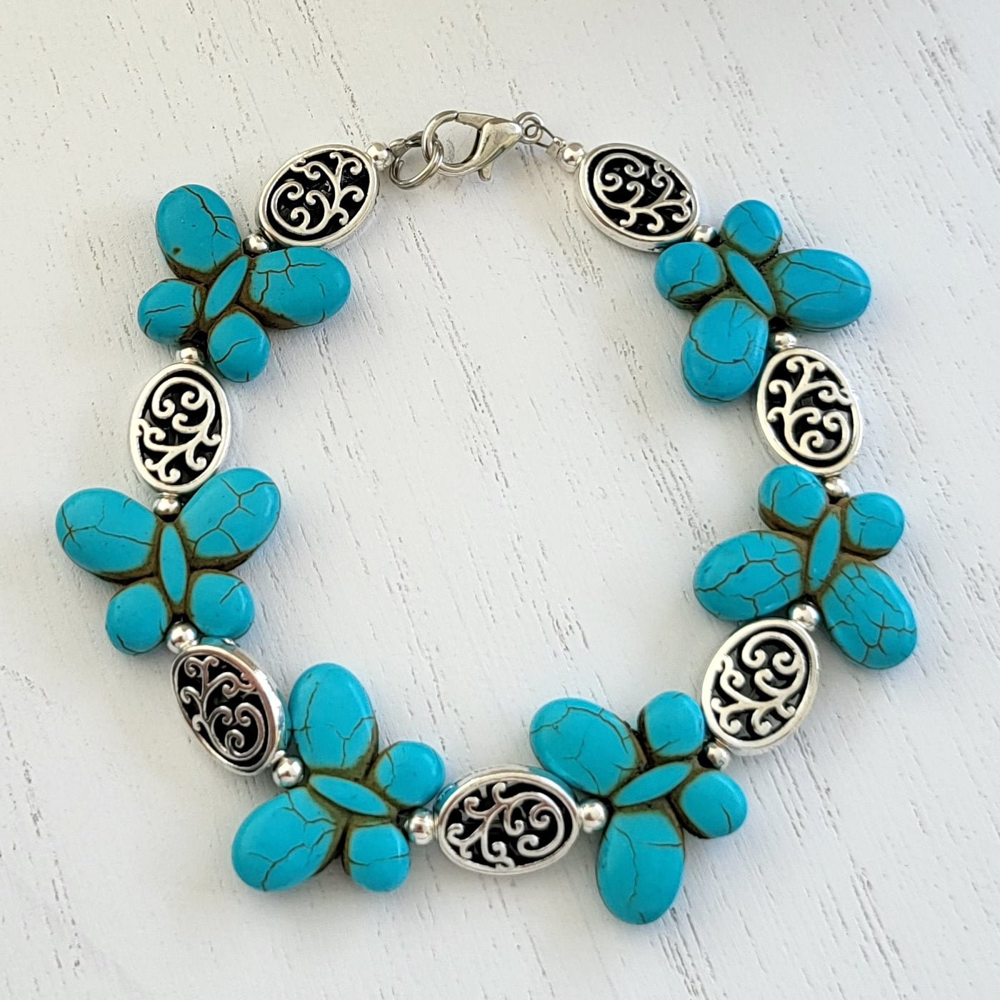 BESHEEK Silvertone and Turquoise Butterfly Filigree adjustable bracelet| Handmade Hypoallergenic Boho Beach Gala Wedding Style Jewelry