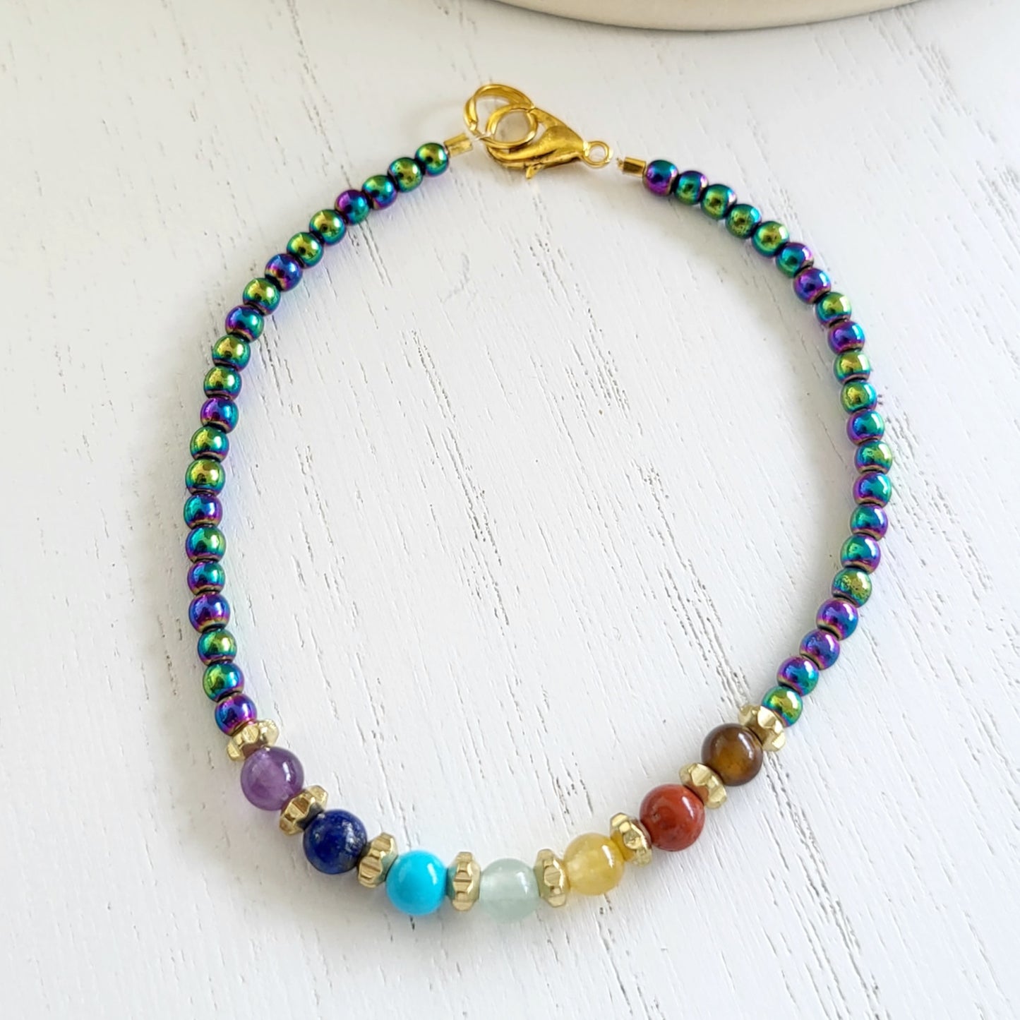 BESHEEK Goldtone Rainbow Hematite Chakra Beaded Adjustable Bracelet| Handmade Hypoallergenic Boho Beach Gala Wedding Style Jewelry