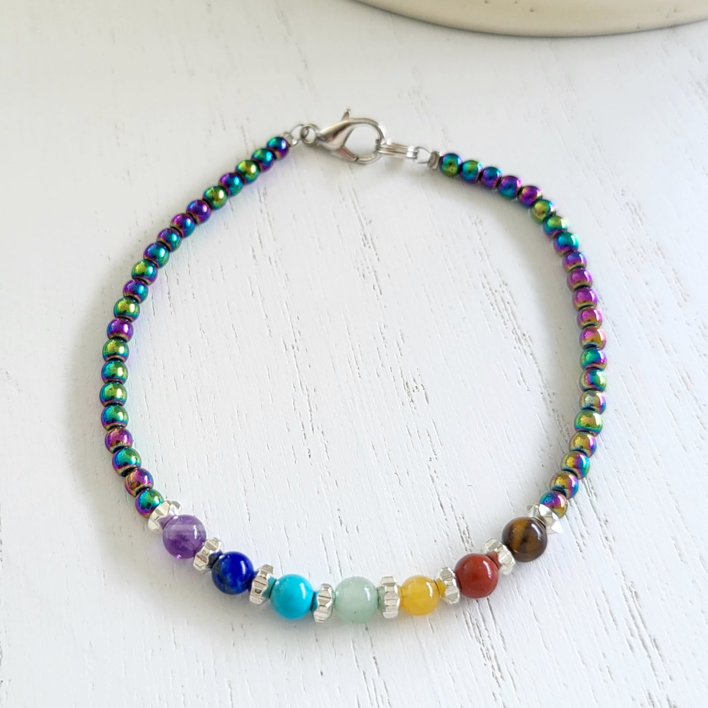 BESHEEK Silvertone Rainbow Hematite Chakra Beaded Adjustable Bracelet| Handmade Hypoallergenic Boho Beach Gala Wedding Style Jewelry