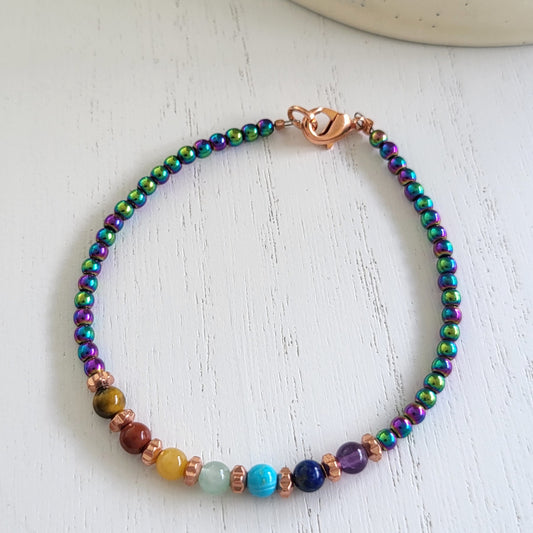 BESHEEK Copper Rainbow Hematite Chakra Beaded Adjustable Bracelet| Handmade Hypoallergenic Boho Beach Gala Wedding Style Jewelry