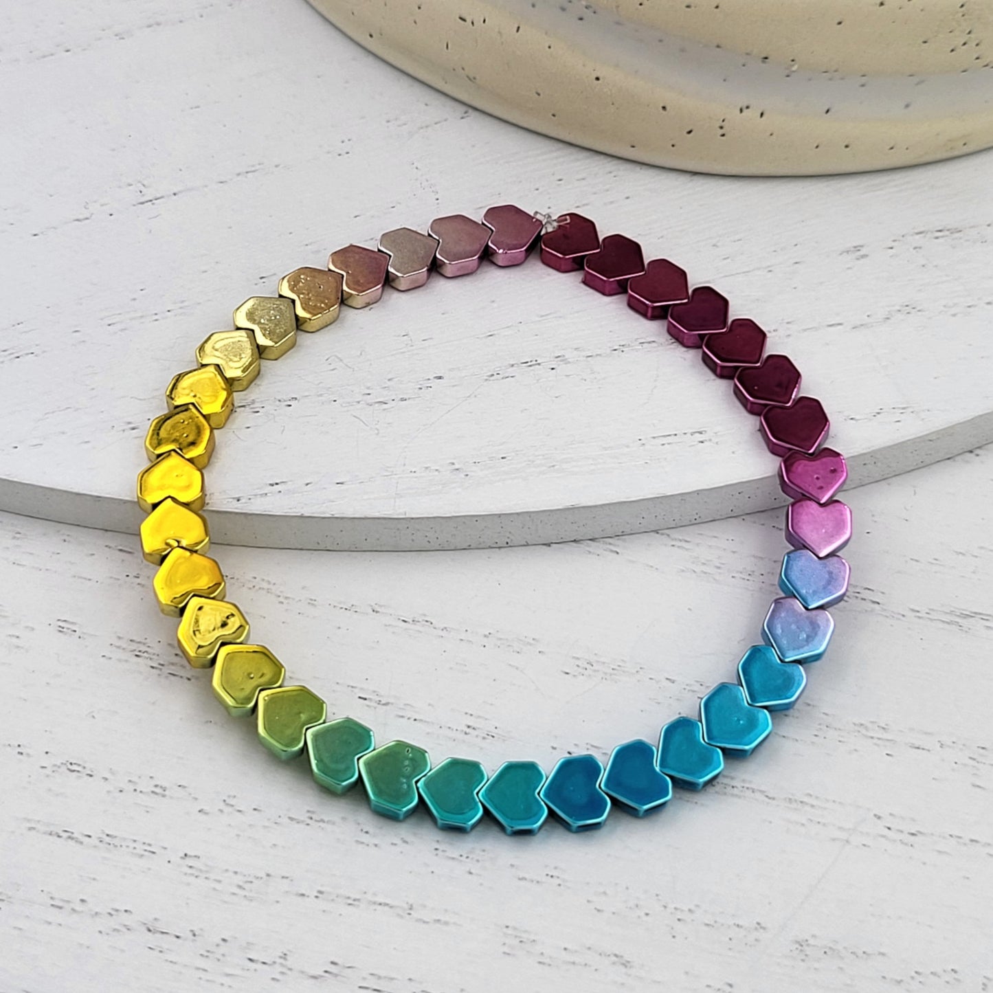 BeSheek Gradient Rainbow Hematite Heart Stone Stretch Bracelet| Handmade Hypoallergenic Beach Gala Wedding Style Jewelry