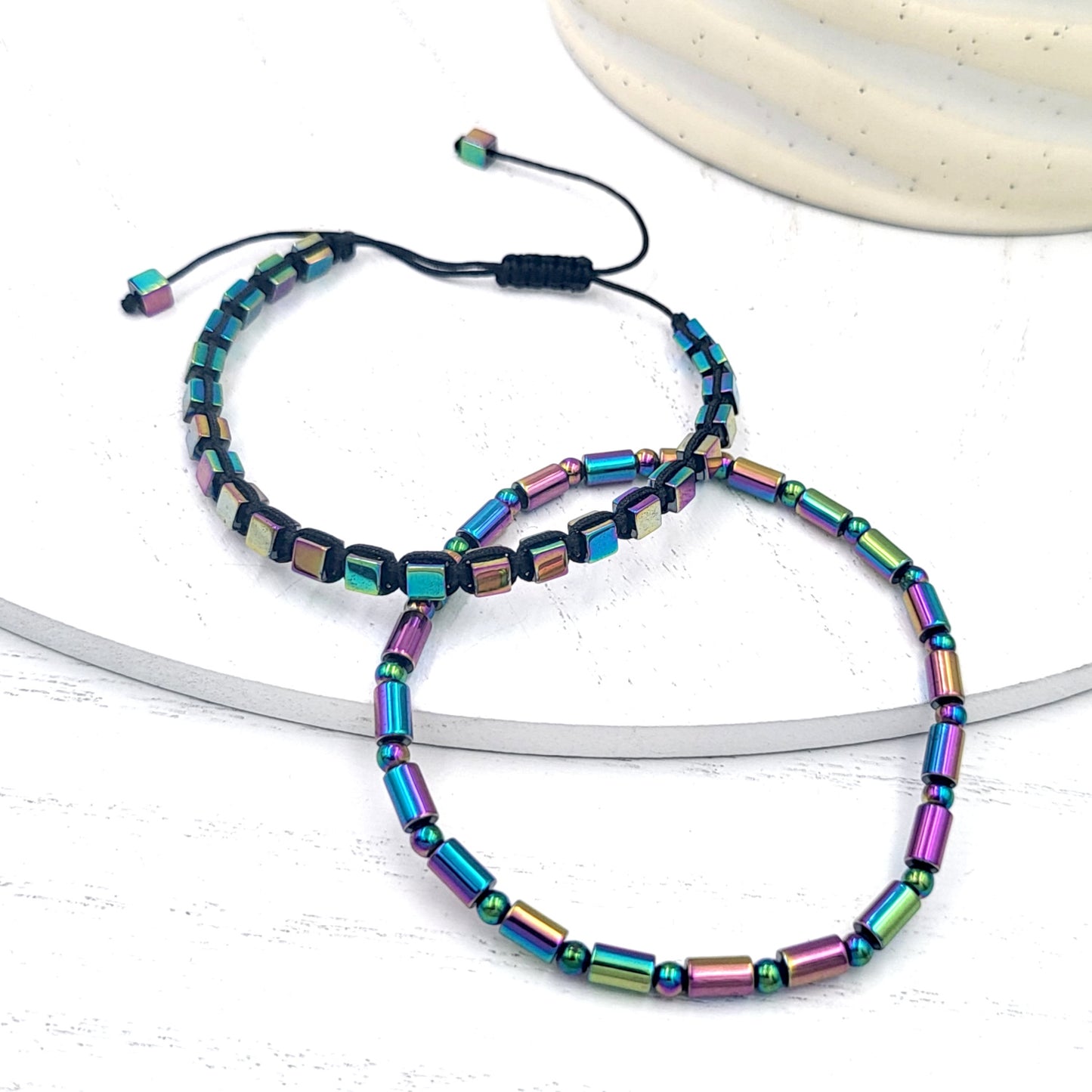 Cubed Rainbow Hematite Shamballa and Stretch Bracelet set of 2