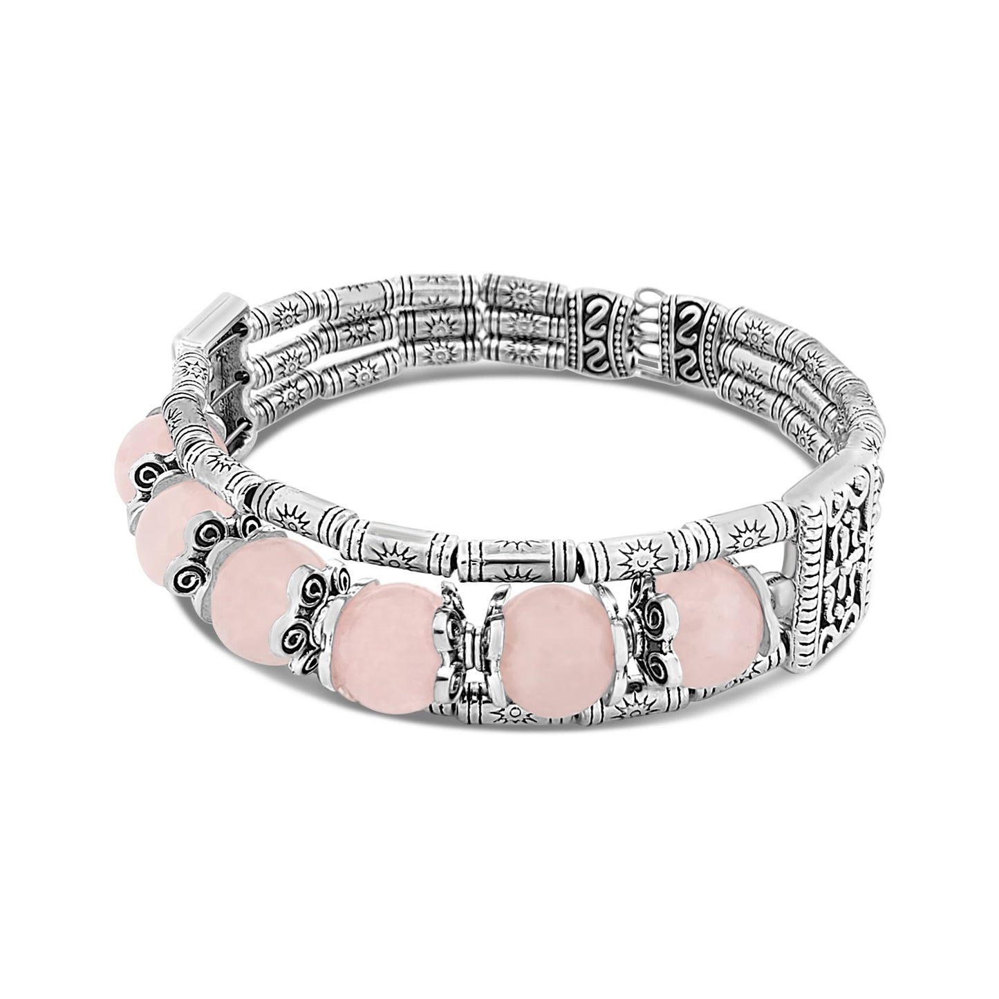 Silvertone and Rose Quartz Mayan Layered Cuff Bracelet