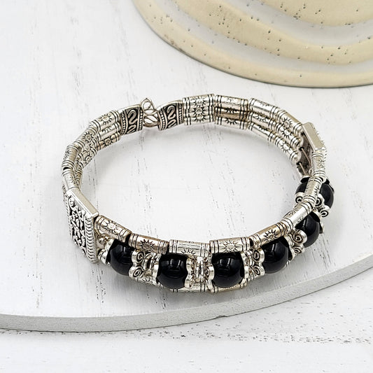 Silvertone and Black Agate Mayan Layered Cuff Bracelet