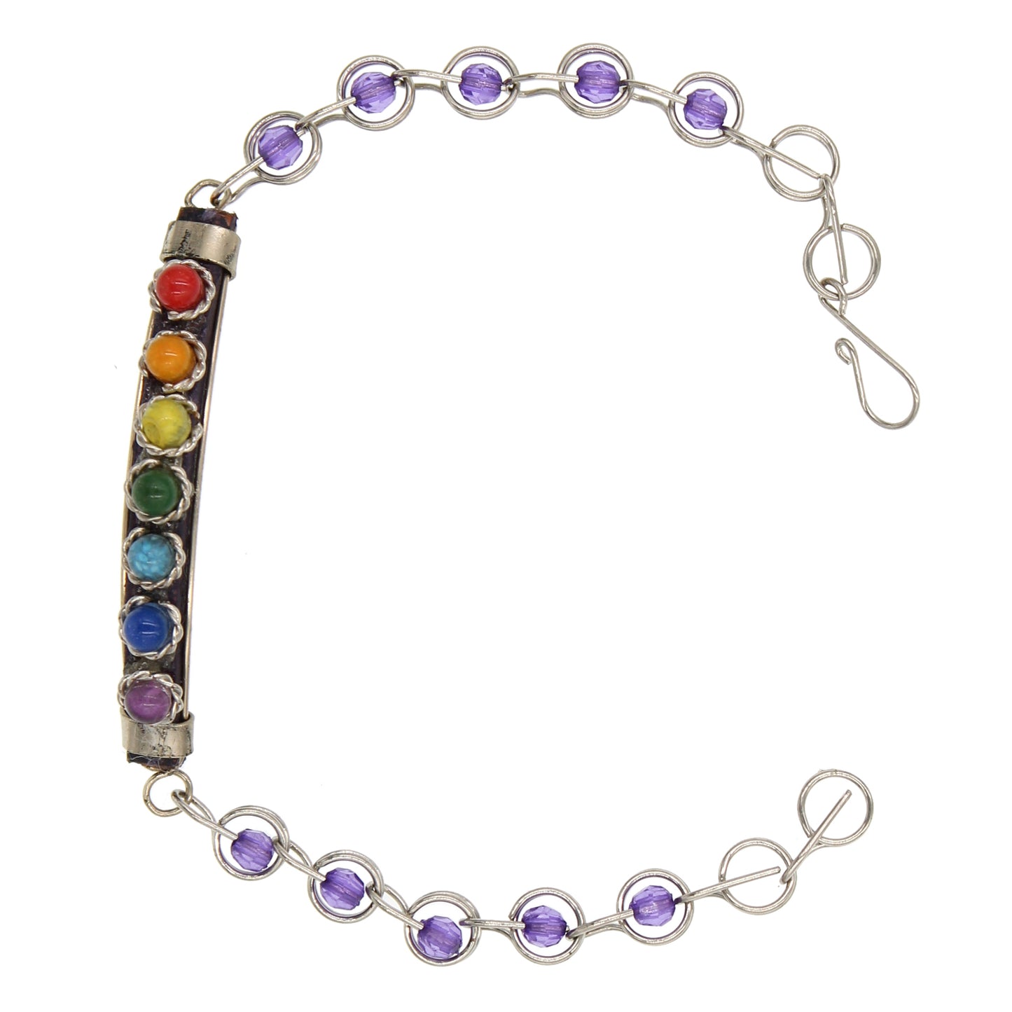 BESHEEK Rainbow and Purple Chakra Leather Link Bracelet| Handmade Hypoallergenic Boho Beach Gala Wedding Style Jewelry