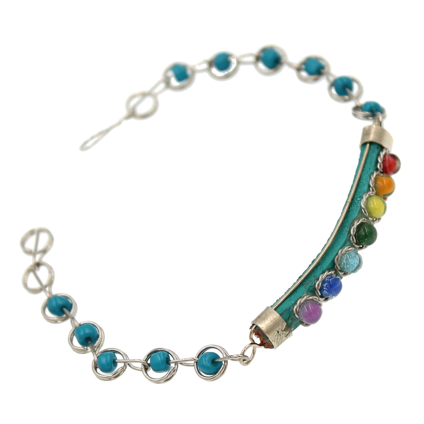 BESHEEK Rainbow and Turquoise Blue Chakra Leather Link Bracelet| Handmade Hypoallergenic Boho Beach Gala Wedding Style Jewelry