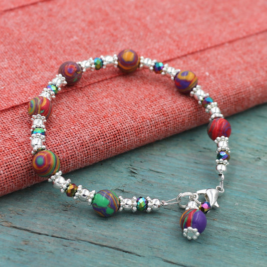 BESHEEK Silvertone and crystal Rainbow Calsilica Bali Style Bracelet| Handmade Hypoallergenic Boho Beach Gala Wedding Style Jewelry