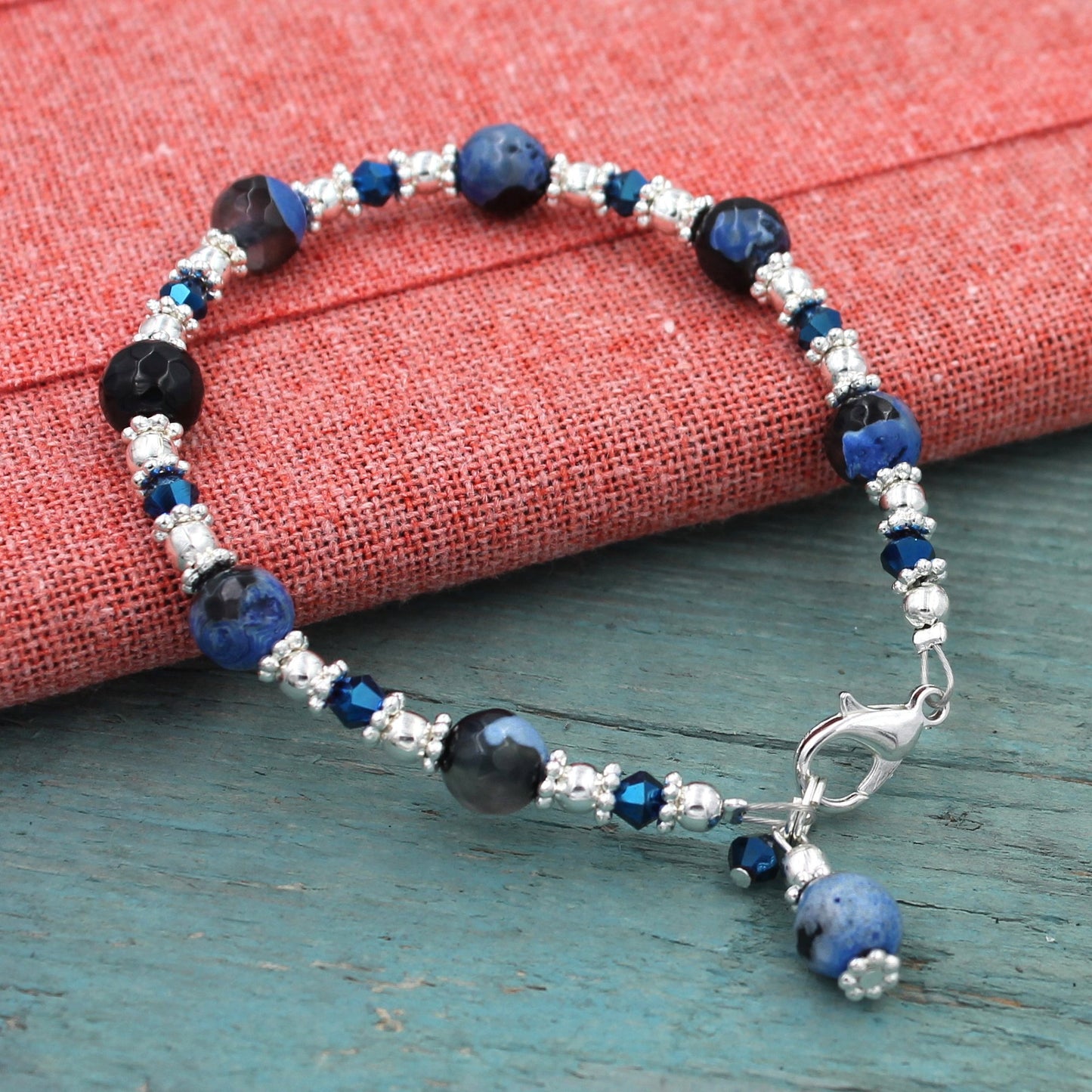 BESHEEK Sivlertone and Crystal Blue and Black Calsilica Bali Style Bracelet| Handmade Hypoallergenic Boho Beach Gala Wedding Style Jewelry