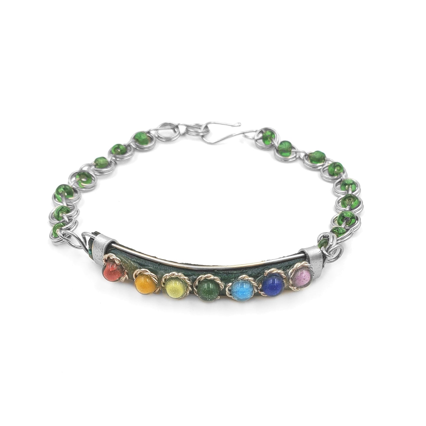 BESHEEK Silvertone and Green Chakra Crystal gem Bracelet| Handmade Hypoallergenic Boho Beach Gala Wedding Style Jewelry