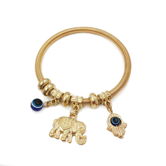 BESHEEK Goldtone Evil eye and Elephant Spring Bracelet| Handmade Hypoallergenic Boho Beach Gala Wedding Style Jewelry
