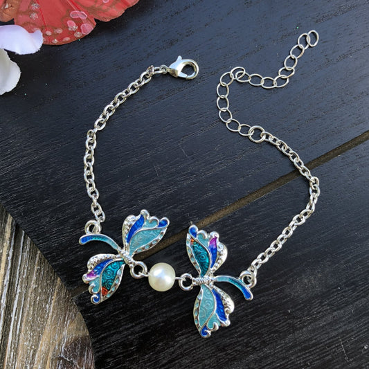 BESHEEK Rainbow Blue Mosiac Silvertone Dragonfly Bracelet| Handmade Hypoallergenic Boho Beach Gala Wedding Style Jewelry