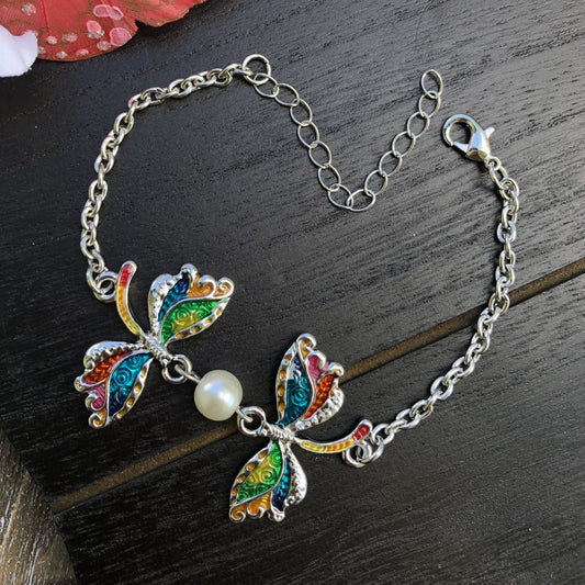 BESHEEK Rainbow Mosiac Silvertone Dragonfly Bracelet| Handmade Hypoallergenic Boho Beach Gala Wedding Style Jewelry