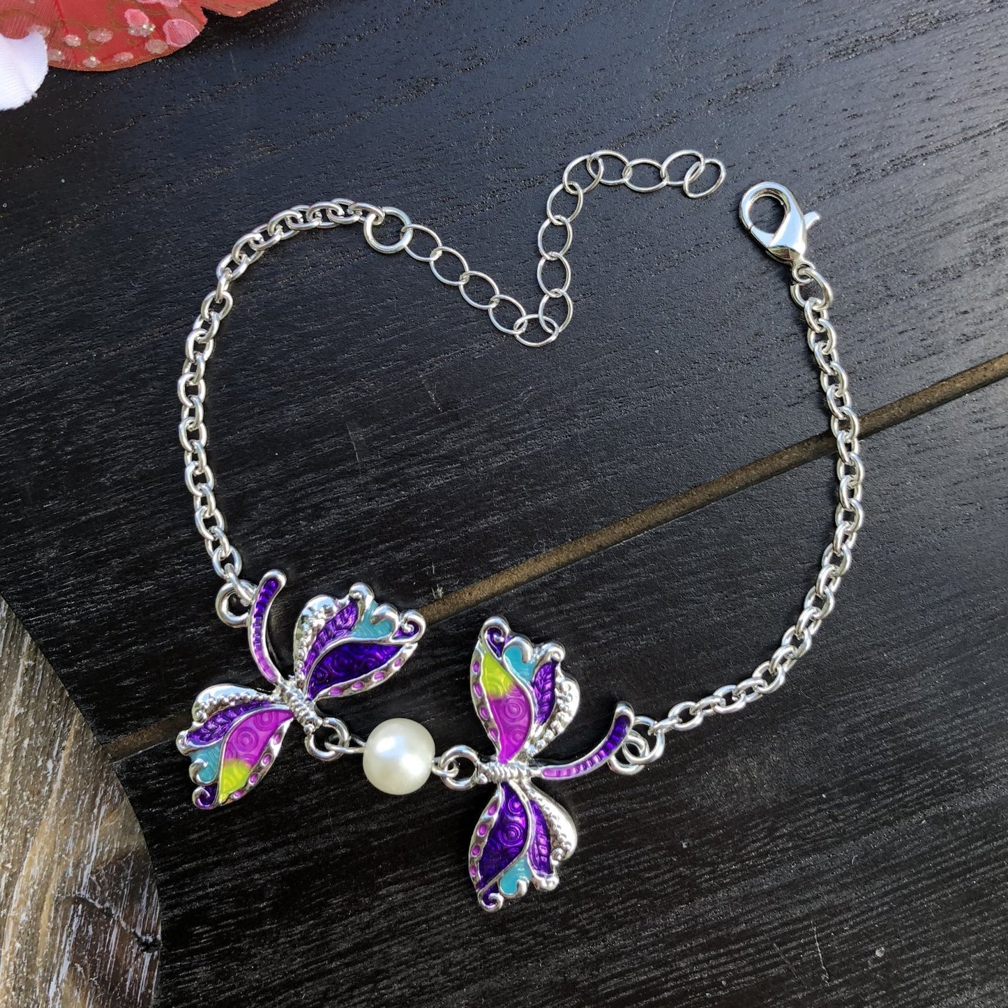 BESHEEK Rainbow Purple Mosiac Silvertone Dragonfly Bracelet| Handmade Hypoallergenic Boho Beach Gala Wedding Style Jewelry