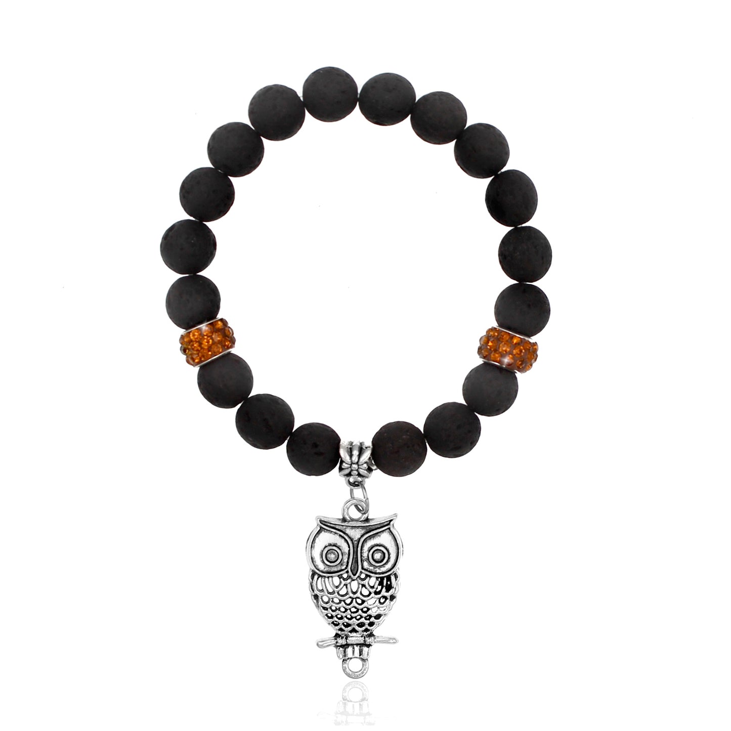 BESHEEK Wise Owl Black Lava Stone and rhinestone Stretch Bracelet| Handmade Hypoallergenic Boho Beach Gala Wedding Style Jewelry