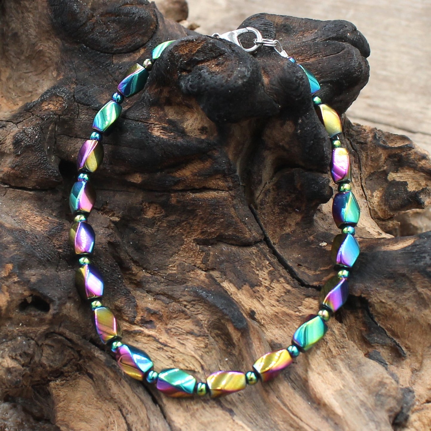 BESHEEK Rainbow hematite and crystal stretch bracelet| Handmade Hypoallergenic Boho Beach Gala Wedding Style Jewelry
