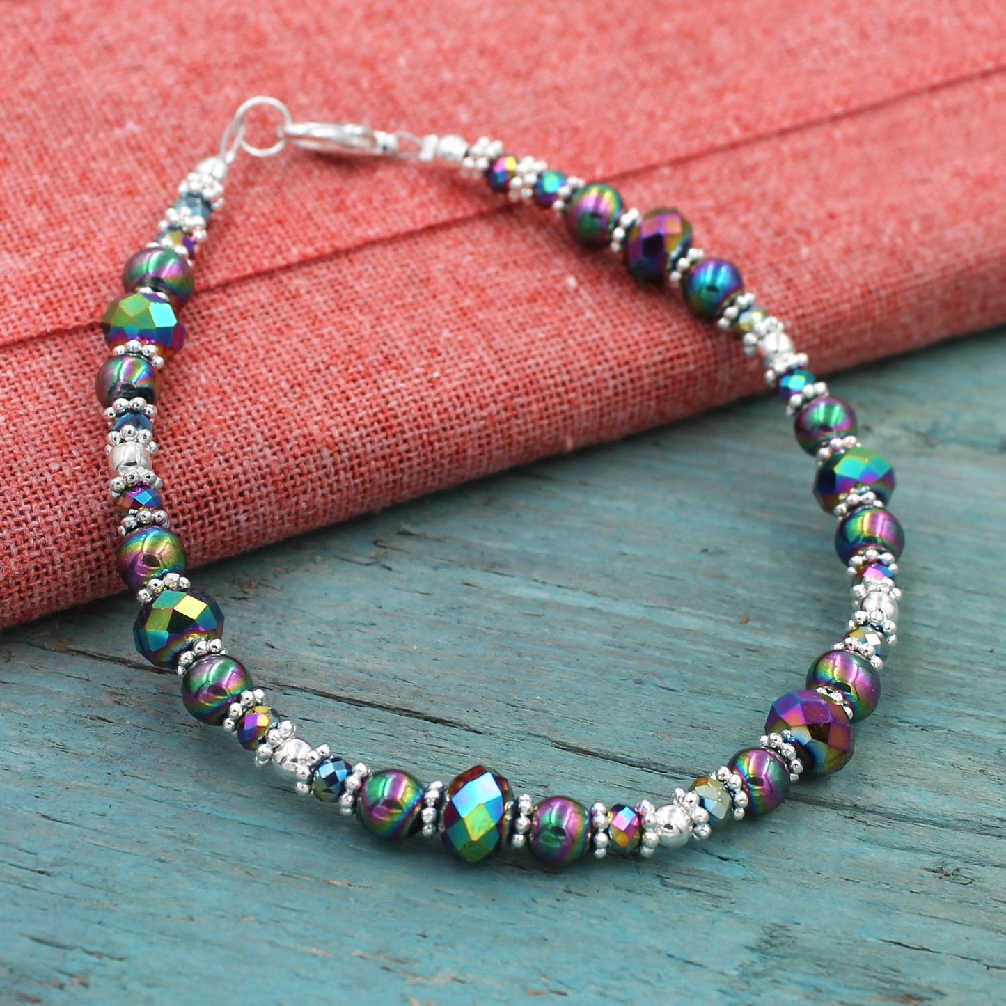 BESHEEK Silvertone Rainbow Hematite and Crystal Bracelet| Handmade Hypoallergenic Boho Beach Gala Wedding Style Jewelry