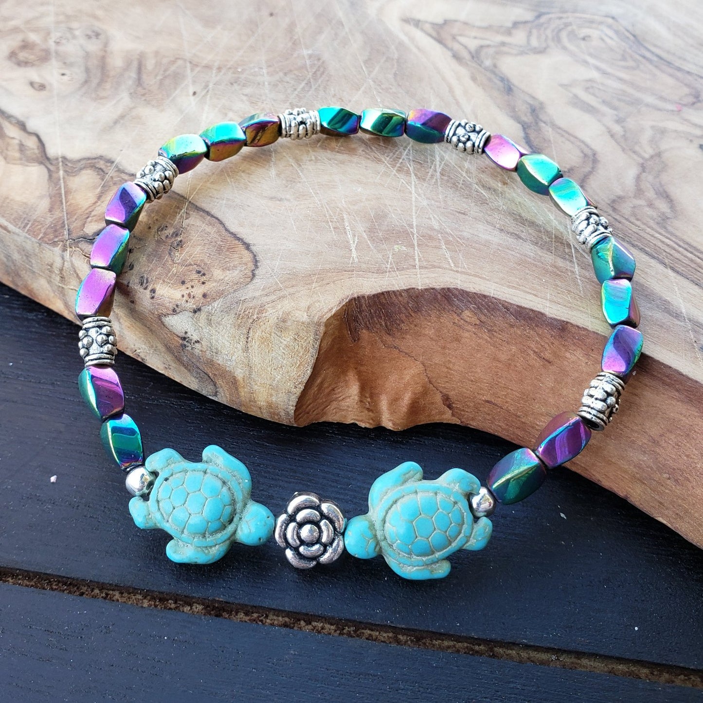BESHEEK Rainbow Hematite and Turquoise Turtle Stretch Bracelet| Handmade Hypoallergenic Boho Beach Gala Wedding Style Jewelry