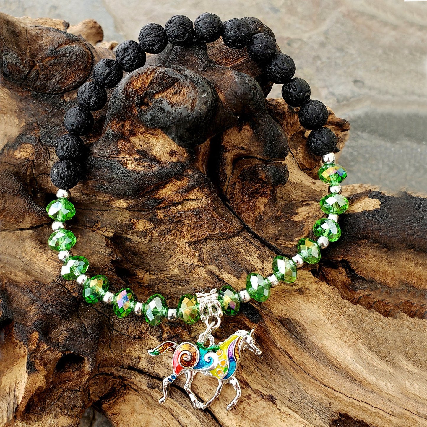 BESHEEK Green Crystal and Black Lava bead Mosaic Horse Stretch Bracelet| Handmade Hypoallergenic Boho Beach Gala Wedding Style Jewelry