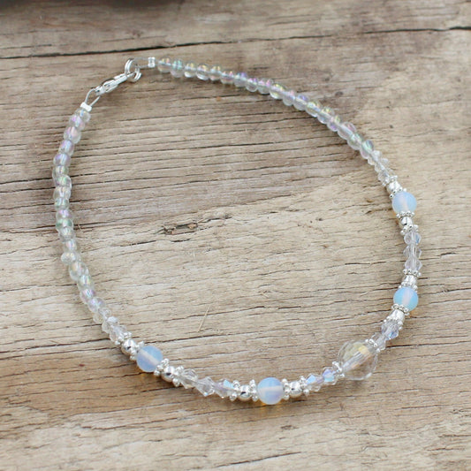 BESHEEK Silvertone Bali Style Moonstone and Clear Crystal bracelet| Handmade Hypoallergenic Boho Beach Gala Wedding Style Jewelry
