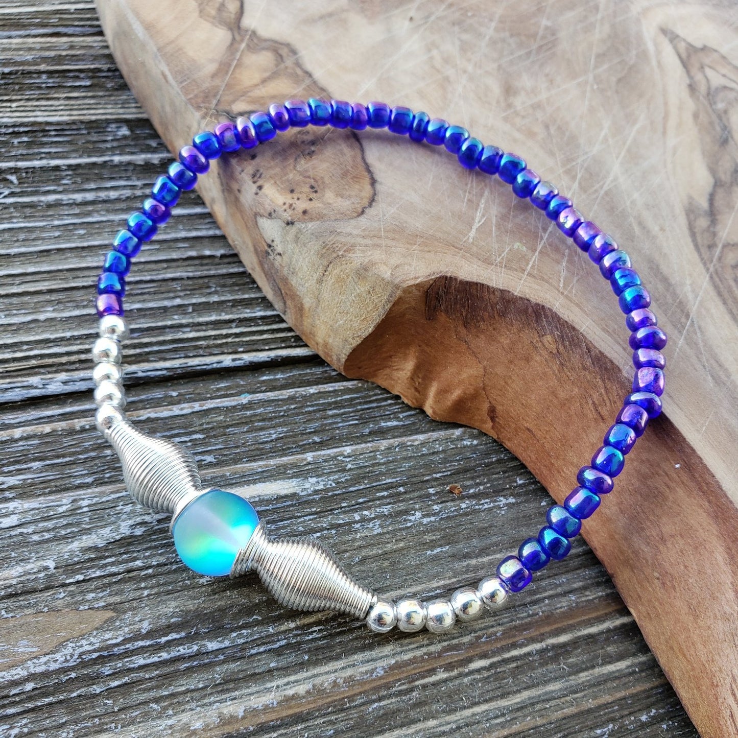 BESHEEK Silvertone Blue bead with frosted mermaid glass stretch bracelet| Handmade Hypoallergenic Boho Beach Gala Wedding Style Jewelry