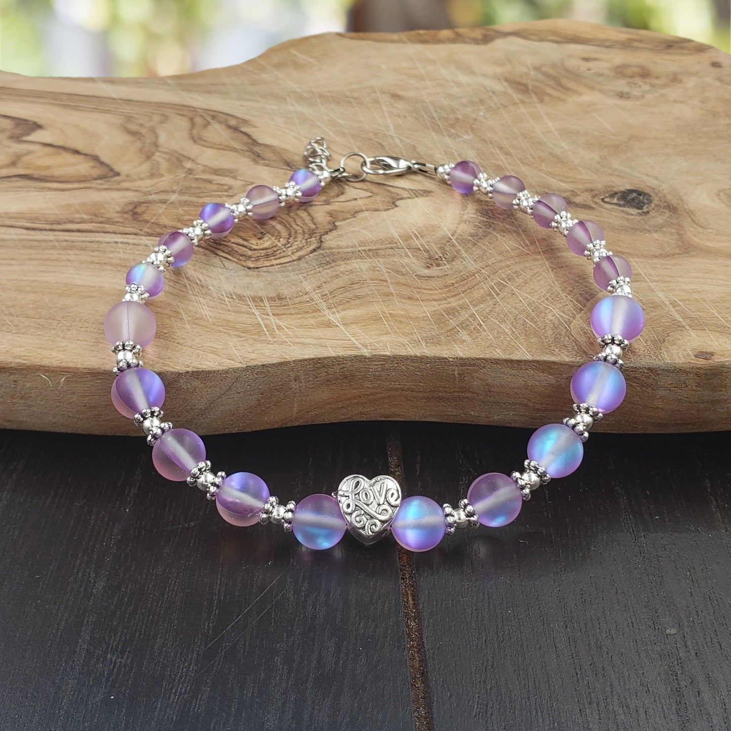 BESHEEK Silvertone and Purple AB frosted mermaid glass "love" heart Bracelet| Handmade Hypoallergenic Boho Beach Gala Wedding Style Jewelry