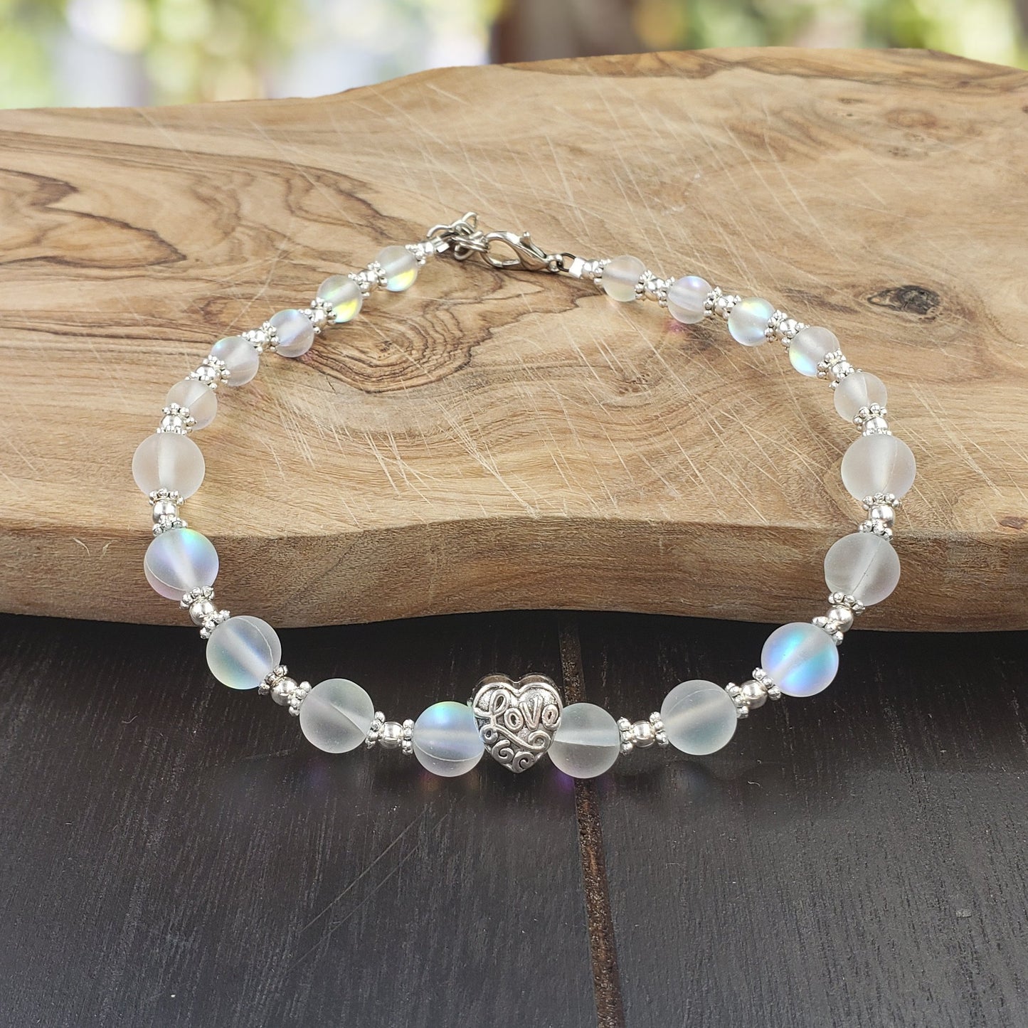 BESHEEK Silvertone and Clear AB frosted mermaid glass "love" heart Bracelet| Handmade Hypoallergenic Boho Beach Gala Wedding Style Jewelry