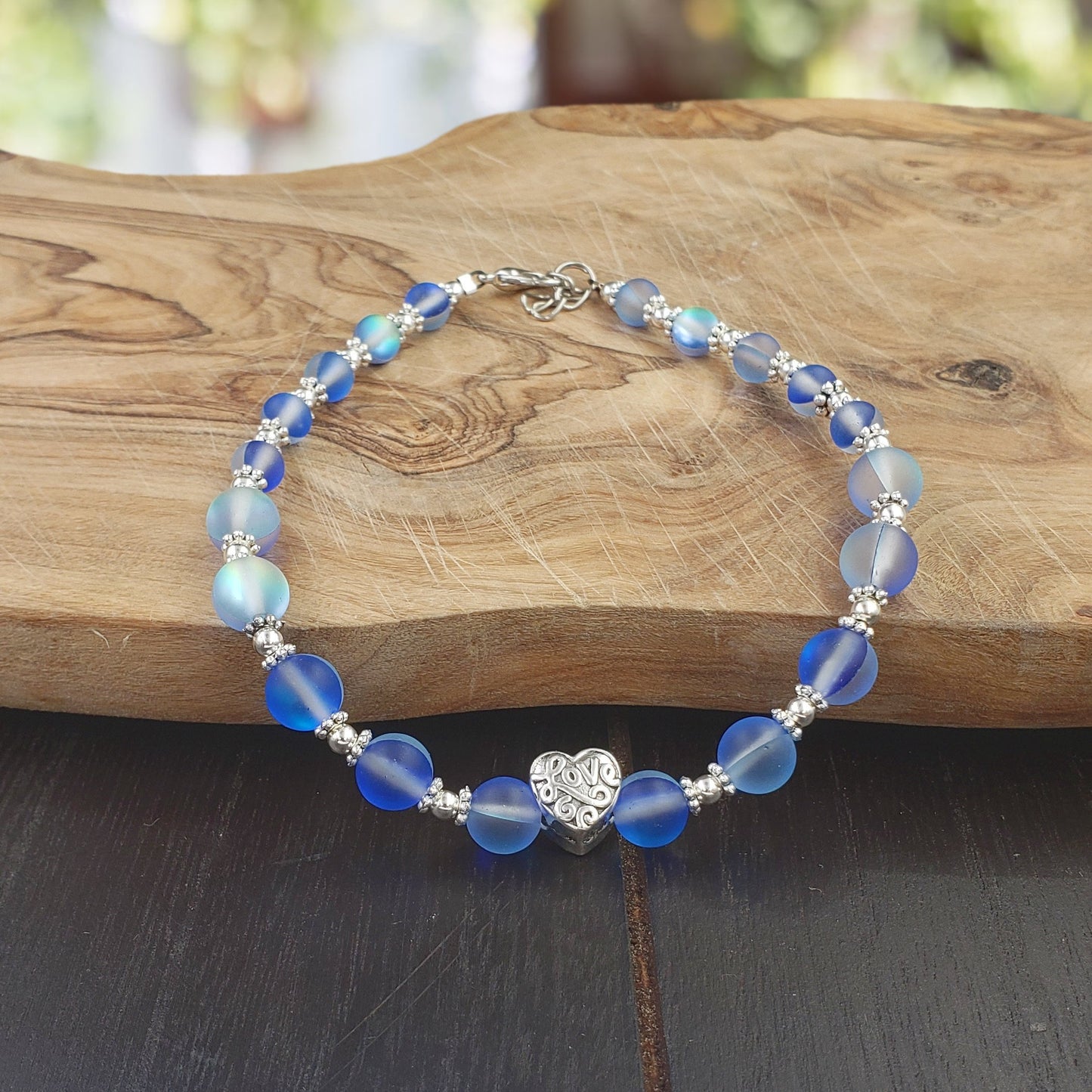 BESHEEK Silvertone and Blue AB frosted mermaid glass "love" heart Bracelet| Handmade Hypoallergenic Boho Beach Gala Wedding Style Jewelry