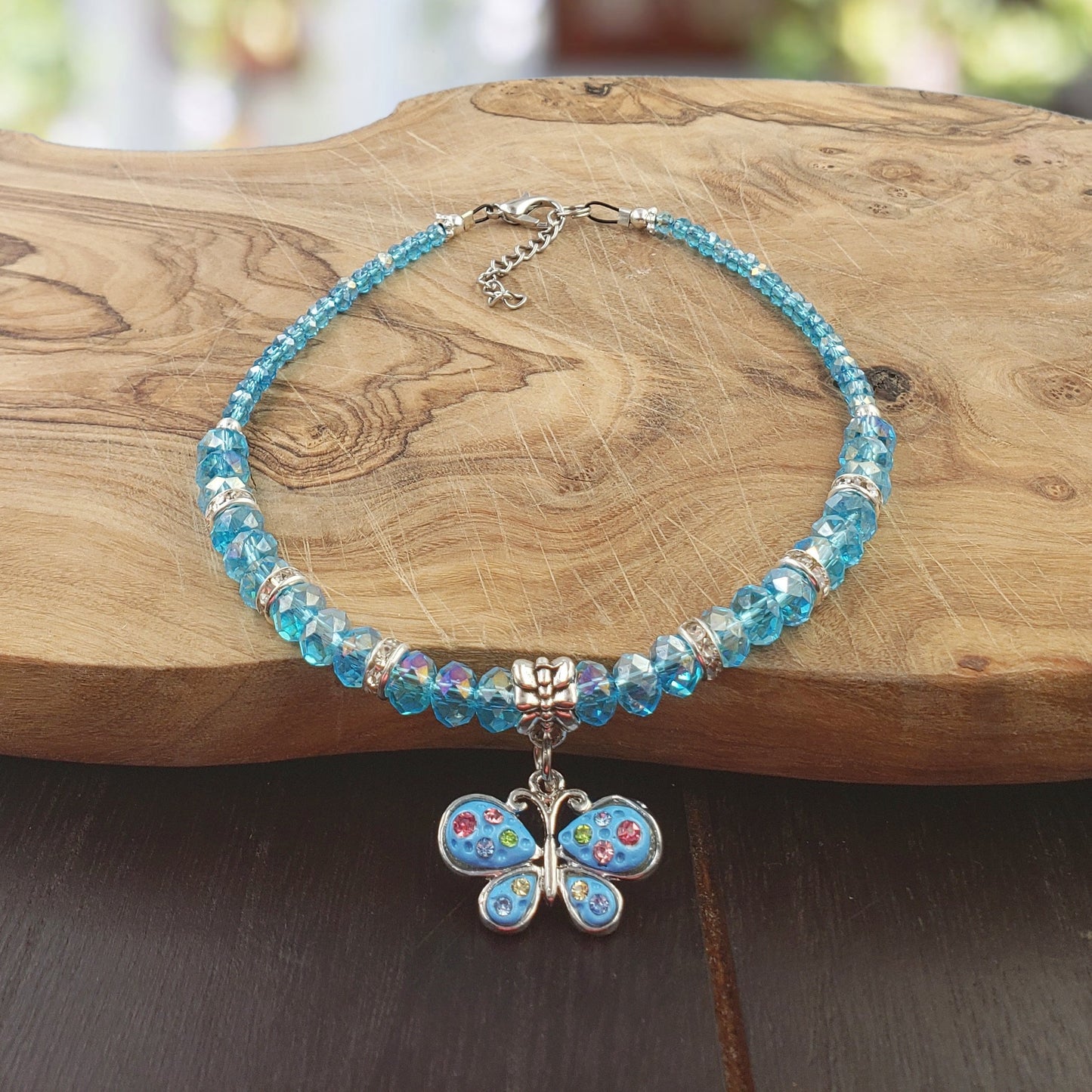 BESHEEK Aqua blue Crystal and Blue Butterfly Rhinestone bracelet| Handmade Hypoallergenic Boho Beach Gala Wedding Style Jewelry