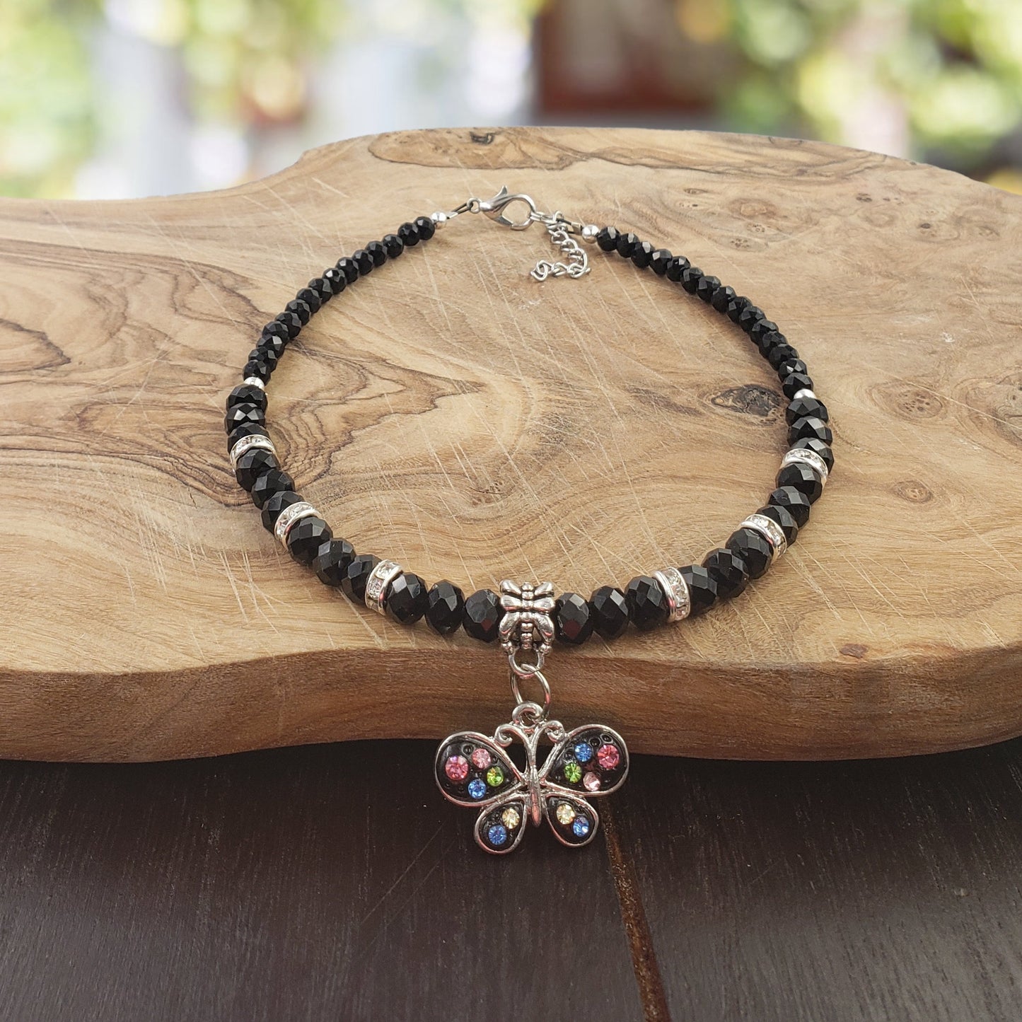 BESHEEK Black Crystal and Blue Butterfly Rhinestone bracelet| Handmade Hypoallergenic Boho Beach Gala Wedding Style Jewelry