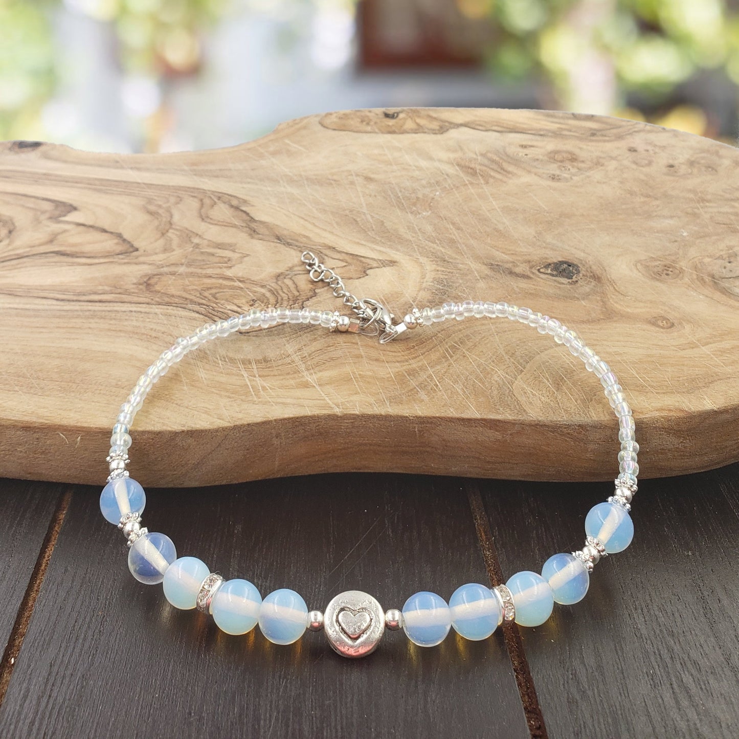 BESHEEK Silvertone, Crystal, and moonstone Heart Bracelet| Handmade Hypoallergenic Boho Beach Gala Wedding Style Jewelry