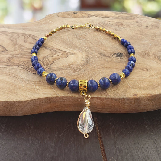 BESHEEK Goldtone Denim Blue Lapis lazuli and Teardrop charm Bracelet| Handmade Hypoallergenic Boho Beach Gala Wedding Style Jewelry
