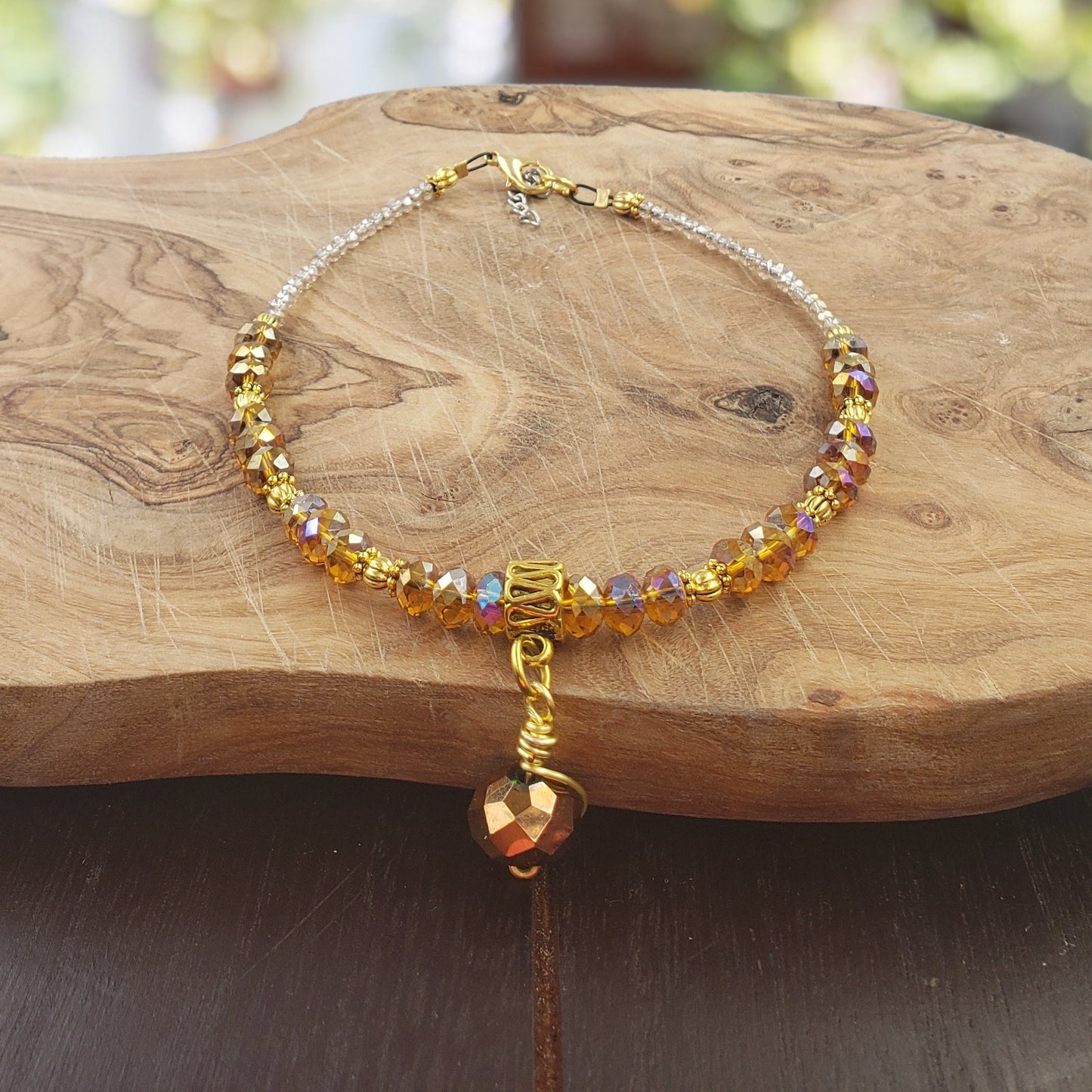 BESHEEK Goldtone Amber Crystal and Charm Bracelet| Handmade Hypoallergenic Boho Beach Gala Wedding Style Jewelry