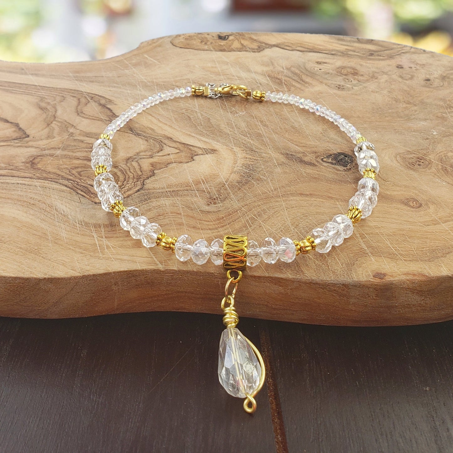 BESHEEK Goldtone Clear Crystal and Teardrop charm Bracelet| Handmade Hypoallergenic Boho Beach Gala Wedding Style Jewelry