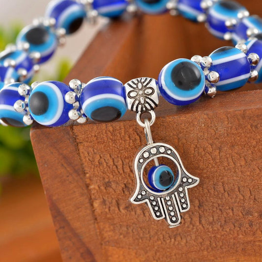 BESHEEK Resin Blue Evil Eye Hamsa Hand Stretch Bracelet| Handmade Hypoallergenic Boho Beach Gala Wedding Style Jewelry