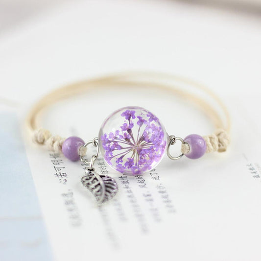 BESHEEK Light Purple Dandelion Dried Flower Adjustable Bracelet| Handmade Hypoallergenic Boho Beach Gala Wedding Style Jewelry