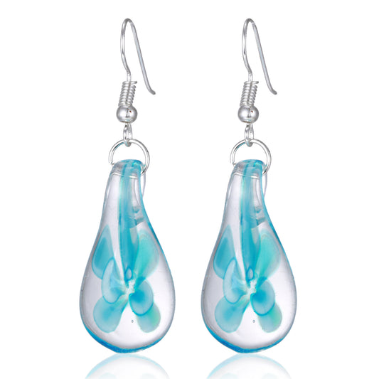 BESHEEK Murano-style Glass Sky Blue Flower Teardrop Earrings | Handmade Hypoallergenic Boho Beach Gala Wedding Style Fashion Earrings