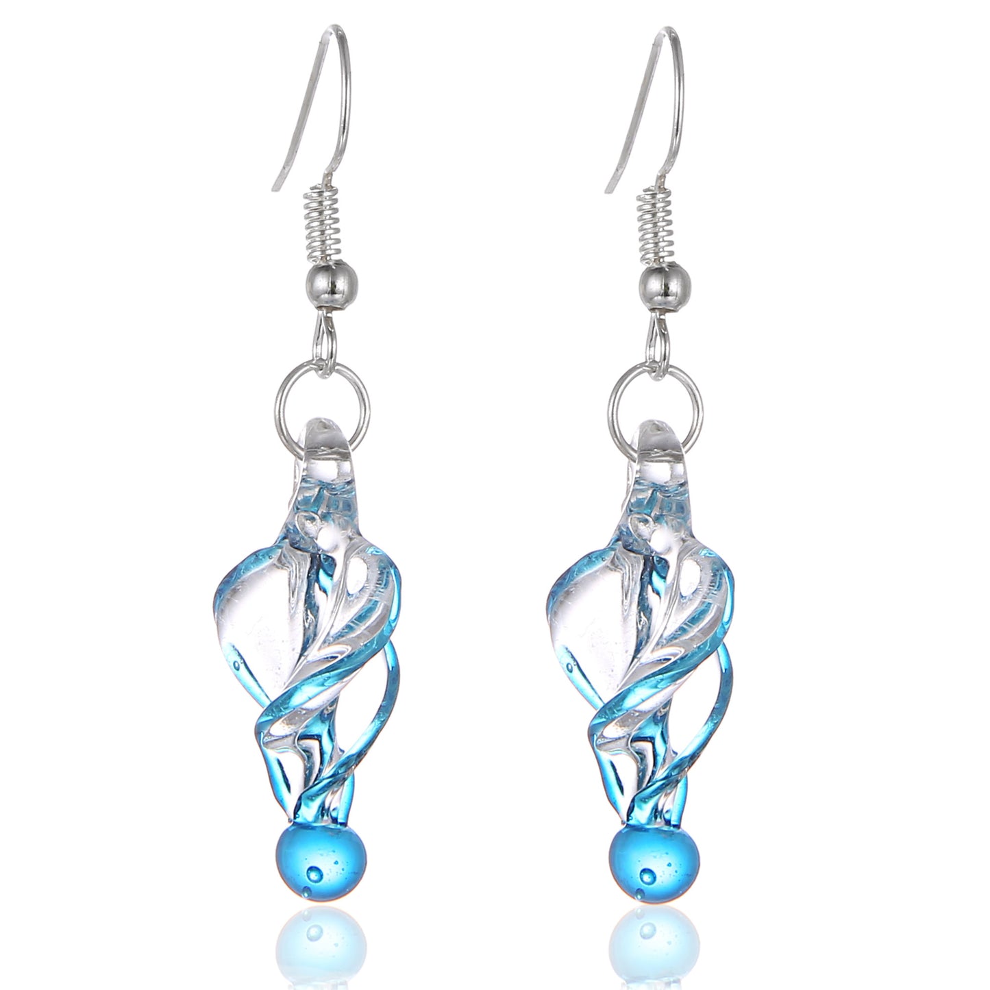 BESHEEK Murano-inspired Glass Aqua Blue and Clear Tornado Twirl Pendant Necklace | Handmade Hypoallergenic Boho Beach Gala Wedding Style Fashion Earrings
