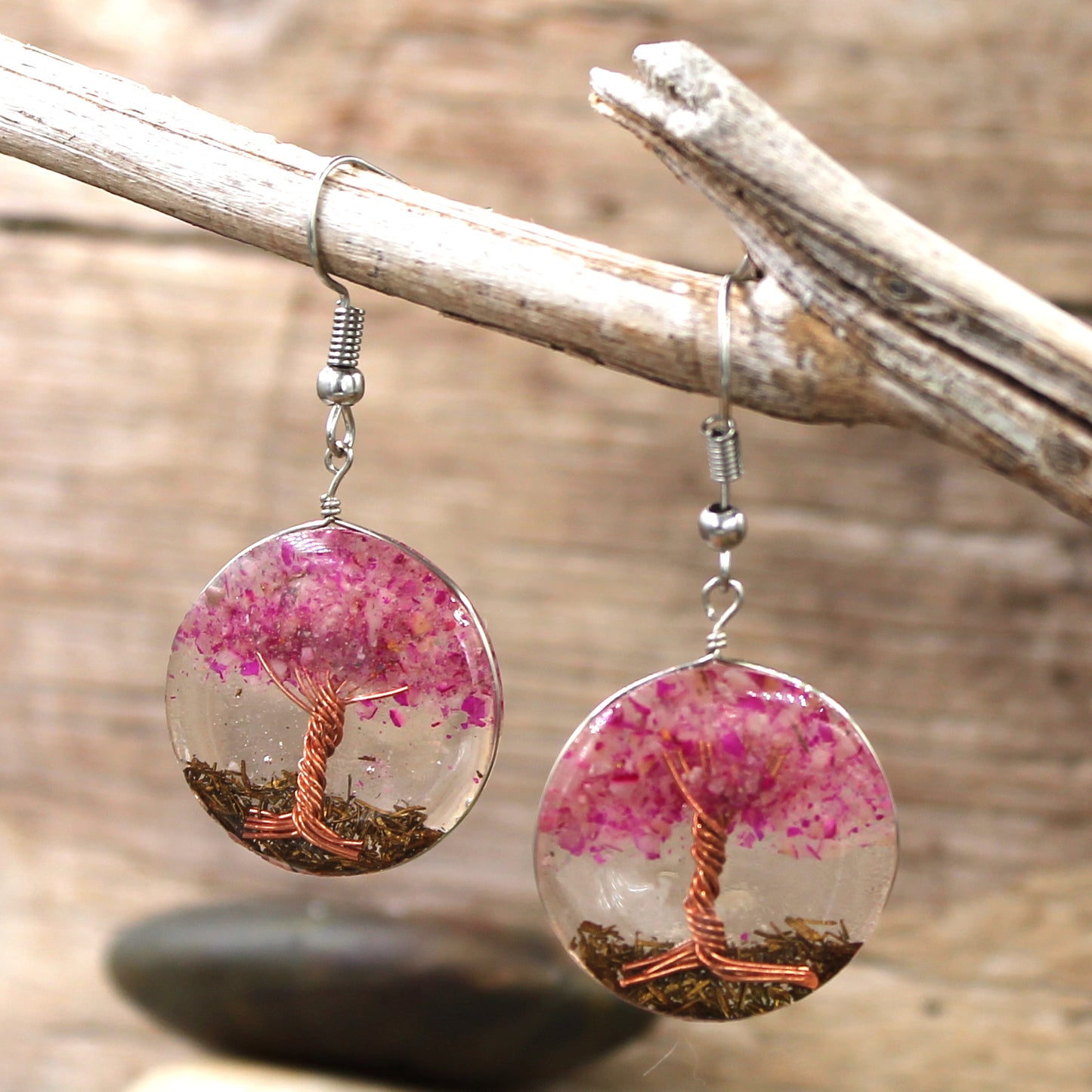 BESHEEK Fuscia Pink Resin Tree of Life Dangle Earrings | Handmade Hypoallergenic Boho Beach Gala Wedding Style Fashion Earrings