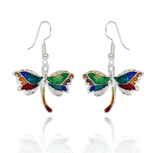 BESHEEK Handmade Silvertone Dragonfly Mosaic Hook Earrings | Handmade Hypoallergenic Boho Beach Gala Wedding Style Fashion Earrings