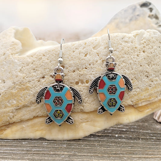 BESHEEK Rainbow Mosiac Silvertone Turtle Fashion Earrings | Hypoallergenic Boho Beach Gala Wedding Style Fashion Earrings