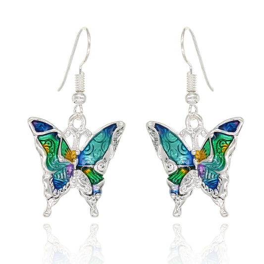 BESHEEK Rainbow Mosaic Silvertone Butterfly Fashion Earrings | Hypoallergenic Boho Beach Gala Wedding Style Fashion Earrings
