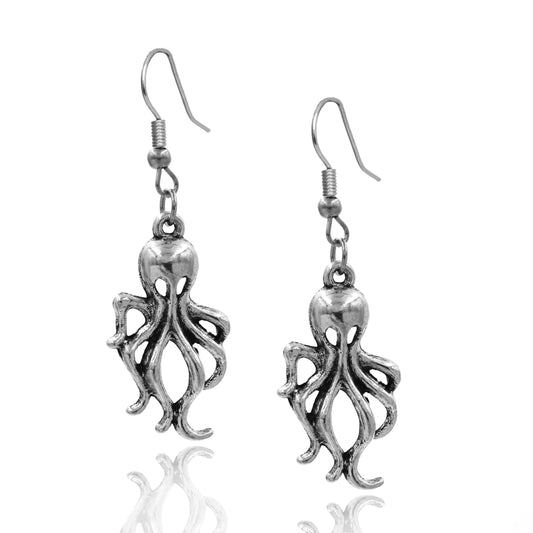 BESHEEK Antique Silvertone Ghostly Octopus Fashion Earrings | Hypoallergenic Boho Beach Gala Wedding Style Fashion Earrings
