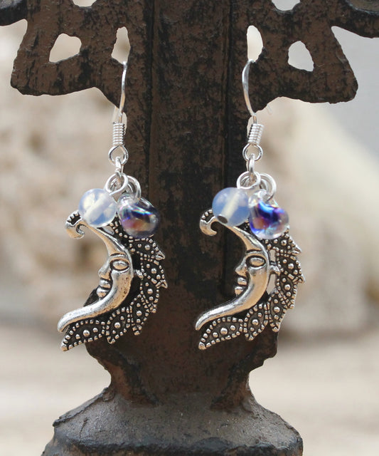 BESHEEK Opalite Moonstone & Silvertone Filigree Moon Face Water Drop Glass Earrings | Hypoallergenic Boho Beach Gala Wedding Style Fashion Earrings