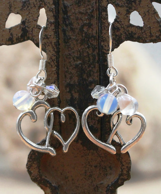 BESHEEK Opalite Moonstone & Silvertone Entangled Hearts Water Drop Glass Earrings | Hypoallergenic Boho Beach Gala Wedding Style Fashion Earrings