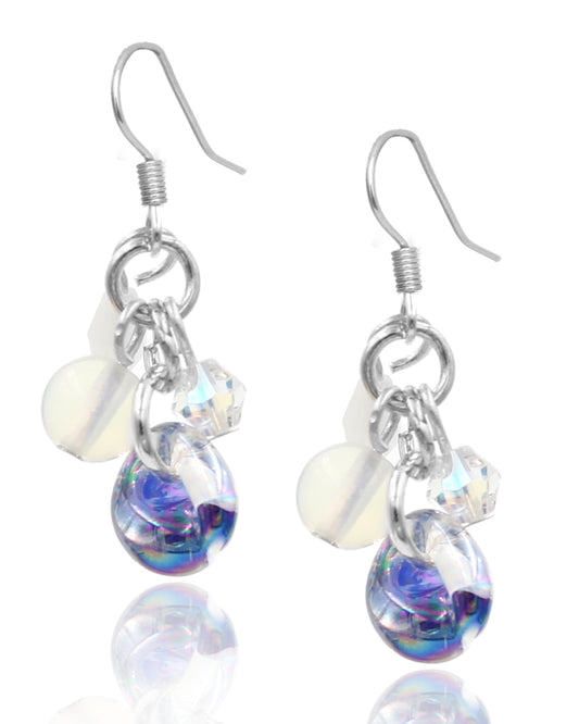 BESHEEK Sterling Silver, Moonstone and Circus BLUE Glass Water Drop Cluster Dangle Earrings | Hypoallergenic Boho Beach Gala Wedding Style Fashion Earrings